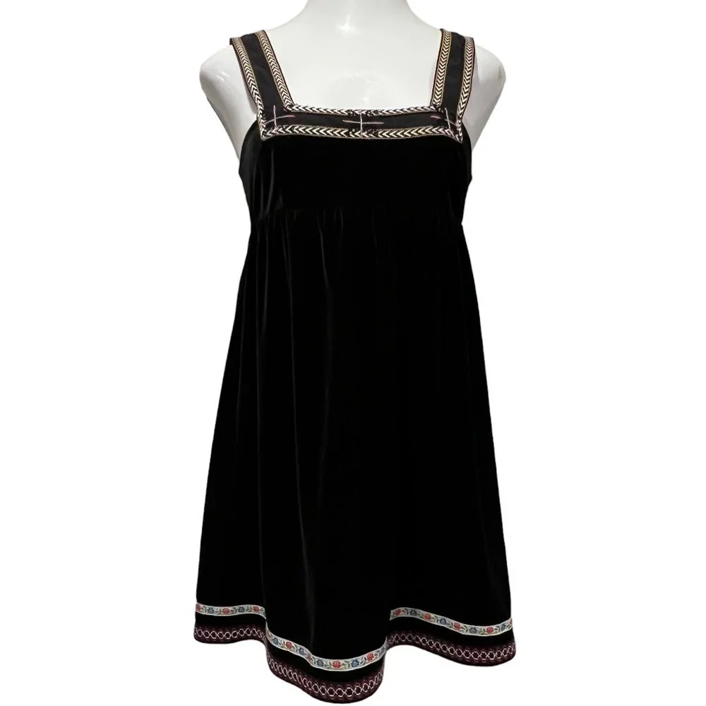 Free People Velvet Babydoll Snowflake Embroidered Mini Dress, Black, M